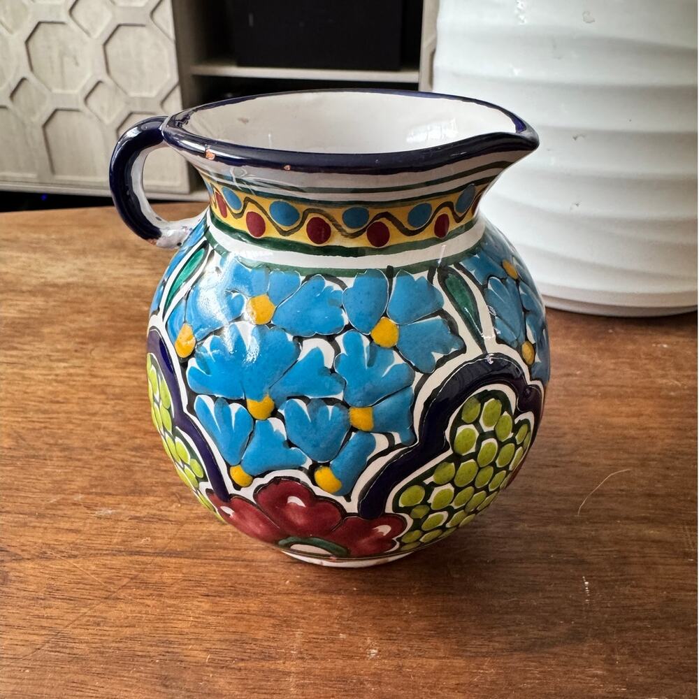 Vintage Talavera Pottery Creamer Pitcher Hand Painted Puebla Mexico Folk Art